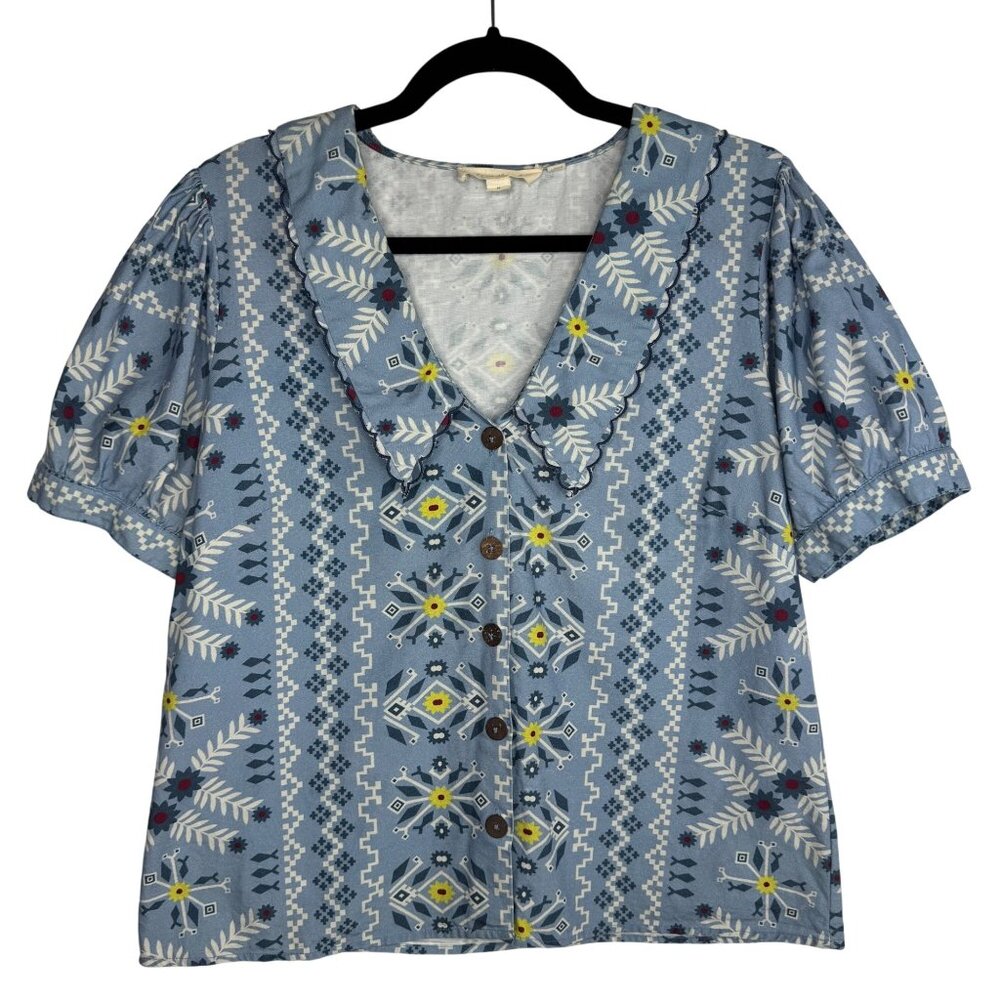 Anthropologie Sz M‎ Blue Floral Geometric Blouse Scallop Collar Twee Schoolgirl